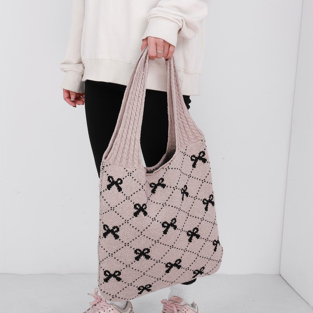 Women Crochet Tote Handbag Large Capacity Crochet Grocery Bag Contrast Color Travel Shopping Handbag Female Holiday Bag