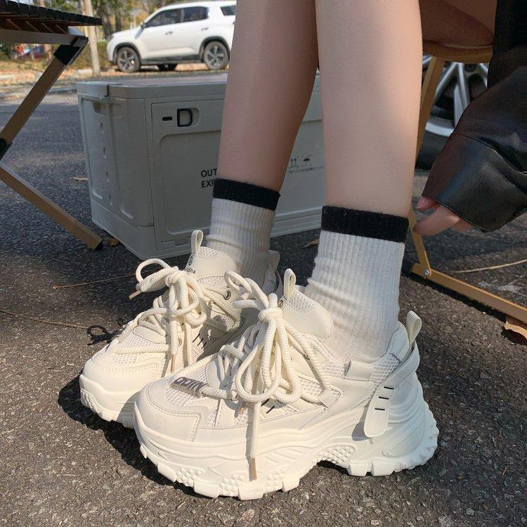 Thick-soled Dad Shoes Women's 2025 Spring New Leather Versatile Breathable Mesh Sneakers Lightweight Casual Little White Shoes