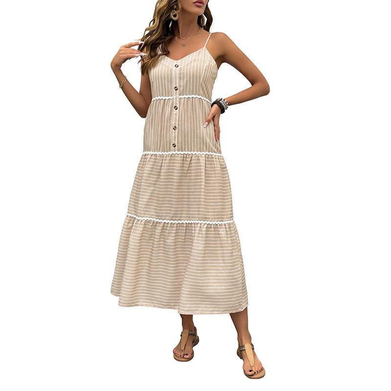 2025 New Summer Simple Wind Wavy Edge Layered Suspender Skirt Striped Dress