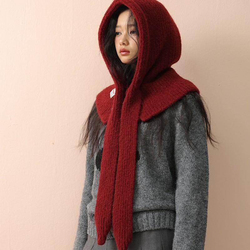 Korean Knitted Balaclava Hat Women's Winter Warm Scarf Integrated Hooded Scarf Knitted Wool Beanie Cap