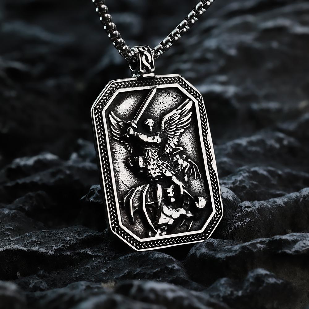Men's Titanium Steel Necklace with Angel Knight Pendant - Retro Hip Hop Style