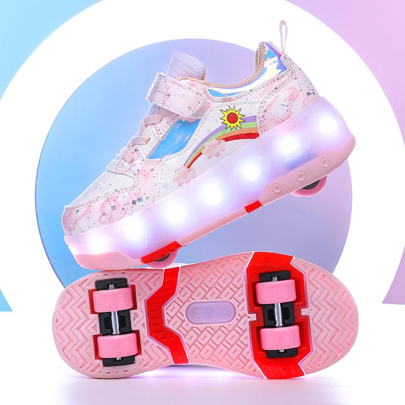 Kid's Roller Skates Removable Flat Charging LED Four Wheels Glowing Sports Shoes  Women's Glowing Sneakers