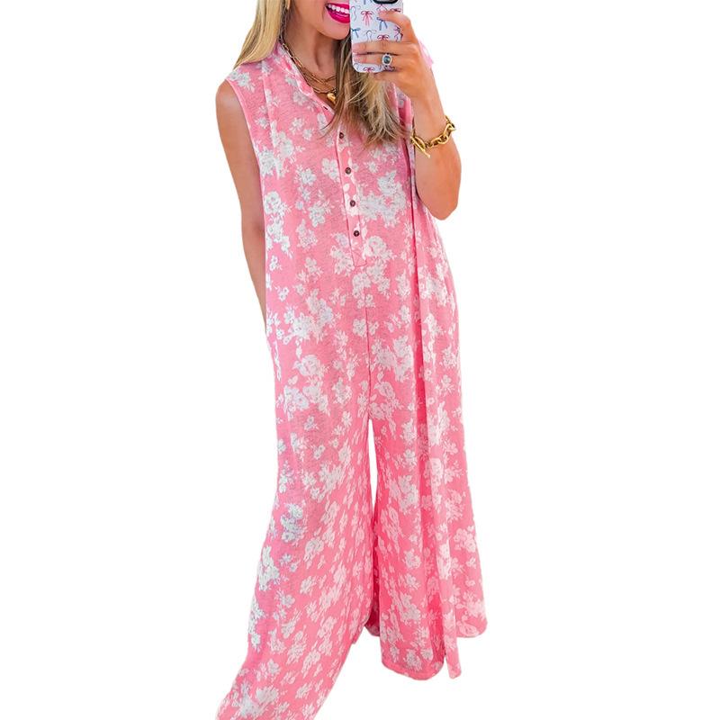 

Женский европейско-американский комбинезон без рукавов с высокой талией - Принтованный свободный повседневный цельнокроеный с прямыми штанинами S розовый
