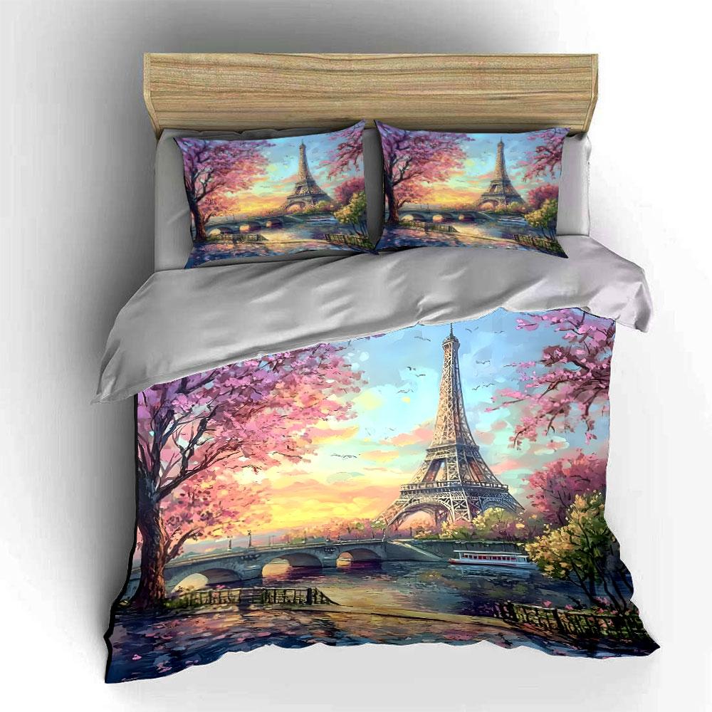 Eiffel Tower With Spring Riverside Scene Duvet Cover Set With 3D Printing Design Soft Polyester Bedding Set All-Season Comfort