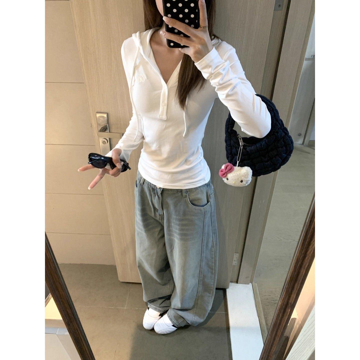 Women s Pure Cotton Slimming Henley Hooded Long Sleeve Top - Flattering Autumn/Winter Cinched Waist Versatile Style Medium белый