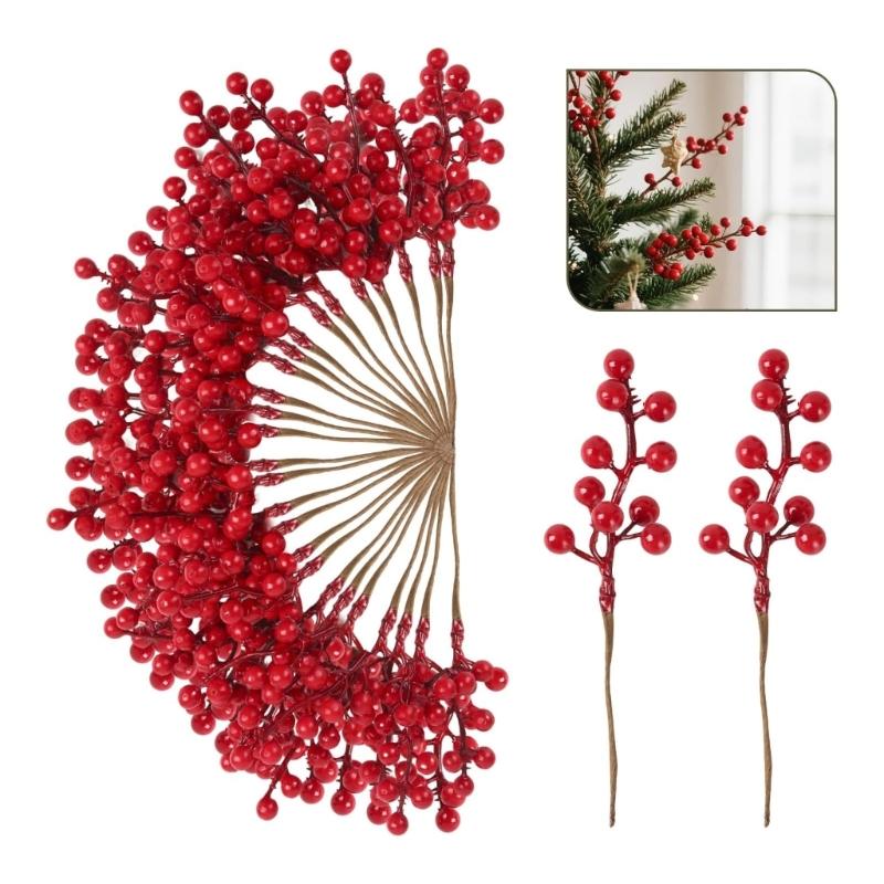 50Pcs Realistic PVC Berries Branches Bendable Iron Stems For Christmas Tree Wreath Table Display Wedding Centerpieces