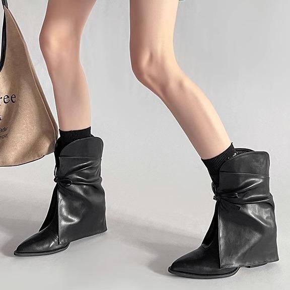 Fashion Bow Leather Boots Pointed High Heels Autumn and Winter Niche Design Sense Short Boots Comfortable Thick Heel Trousers Boots Women