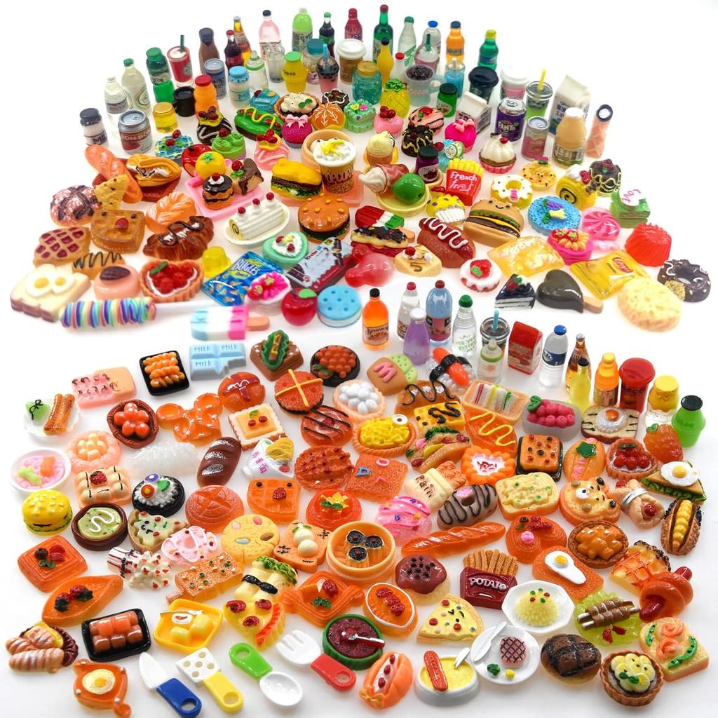 100 Pieces Miniature Food Drink Bottles Toys Dollhouse Pretend Play Kitchen Cooking Game Party Accessories Toys Hamburger Cake Pizza Doll House