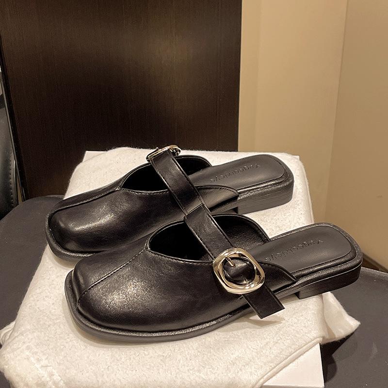 

Niche bag head sandals women s shoes summer 2025 new super fire retro flat bottom square head single shoes 40 чёрный