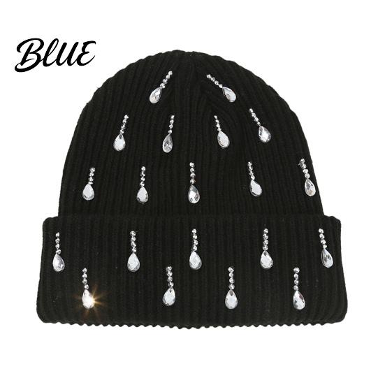 Holiday Gift for Women Waterdrop Rhinestone Knit Hat, Bling Stretchy Winter Cuffed Knitted Stylish Hat Skull Cap Men Cold Weather Daily Wear