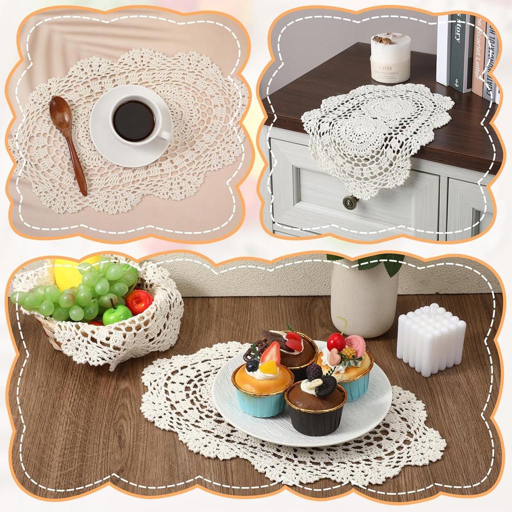 Handmade Crochet Lace Doilies, 2PCS Beige Oval Cotton Table Runner Placemats, Floral Cotton Table Scarf Knitted Coasters Placemats Furniture Cloth