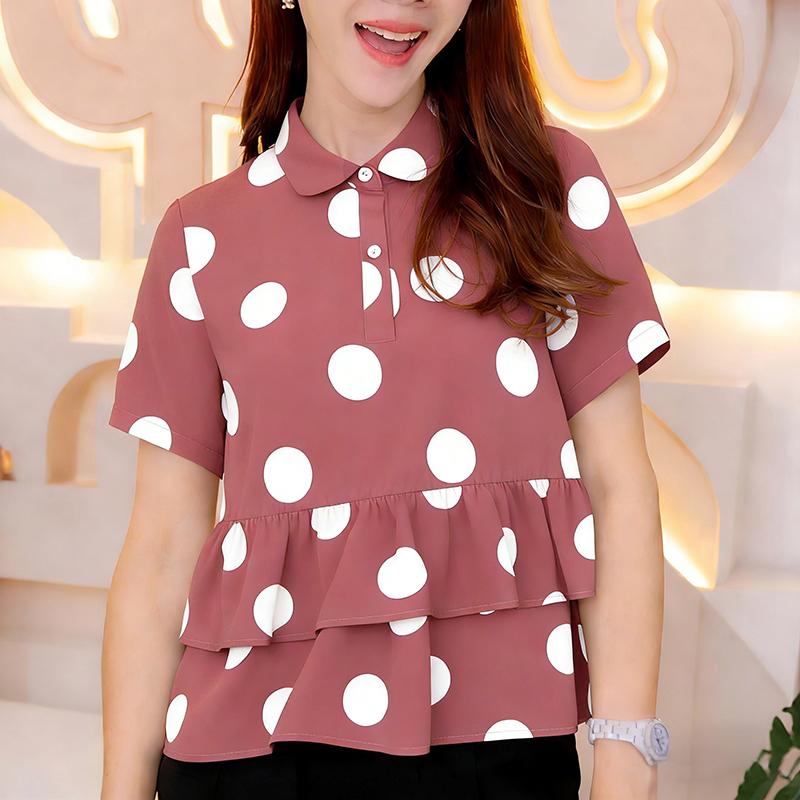 ZANZEA Damen Klassischer Kragen Sommer Lässig Tupfenmuster Kurzarm Bluse