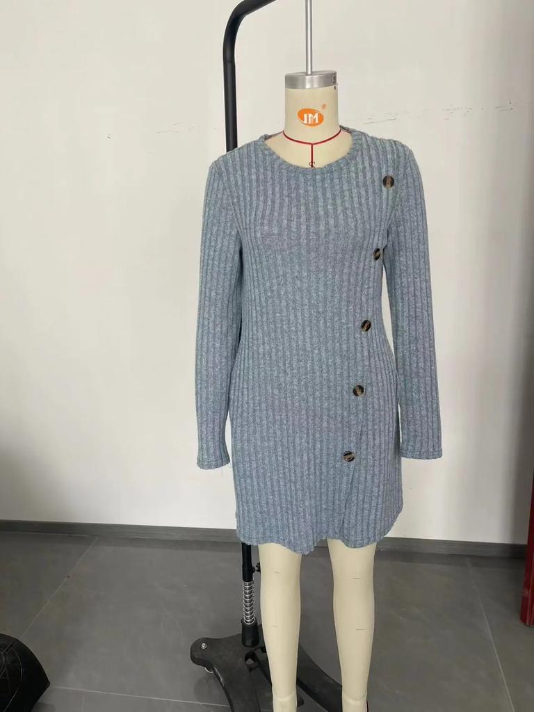 Popular Women's Round Neck Side Button Pocket Long Sleeved Waist Tied Dress