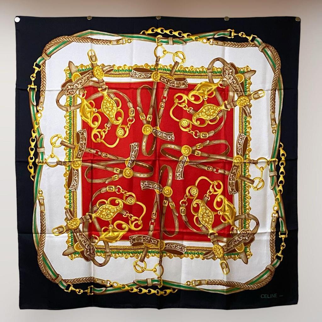 Used CELINE Large Silk Scarf Decorative Pattern Equestrian Hardware Belt Chain Gold Red VINTAGE Celine