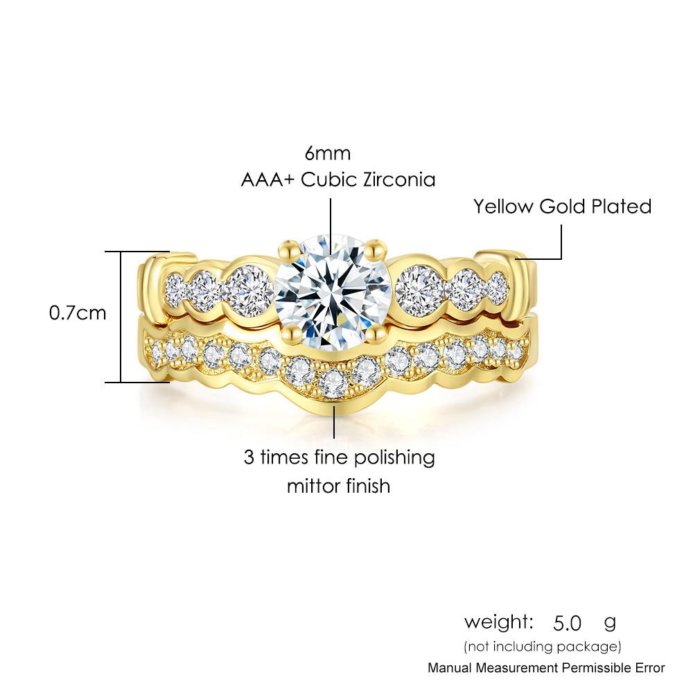 Set di Anelli da Donna Lusso Impostazione a Griffa Zirconia Cubica Rotonda Colore Oro Scintillante Set di 2 Anelli Gioielli Femminili Regali R782