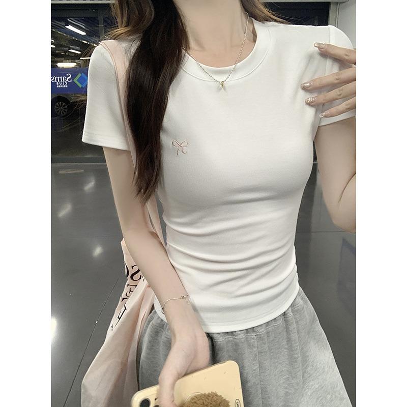 Embroidered Short Sleeve T-shirt Women's Round Neck Base Top