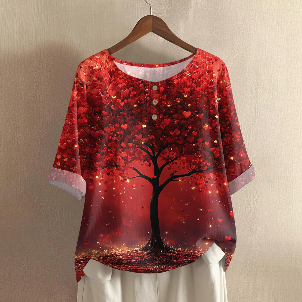 Damska koszulka z nadrukiem na Walentynki, casualowa, z krótkim rękawem, okrągłym dekoltem, z bawełny i lnu