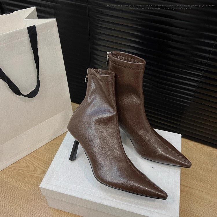 Brown Short Boots 2025 Autumn and Winter New European and American Retro Versatile Internet Celebrity Thin Boots Thin Heel Pointed High Heel Short Bo