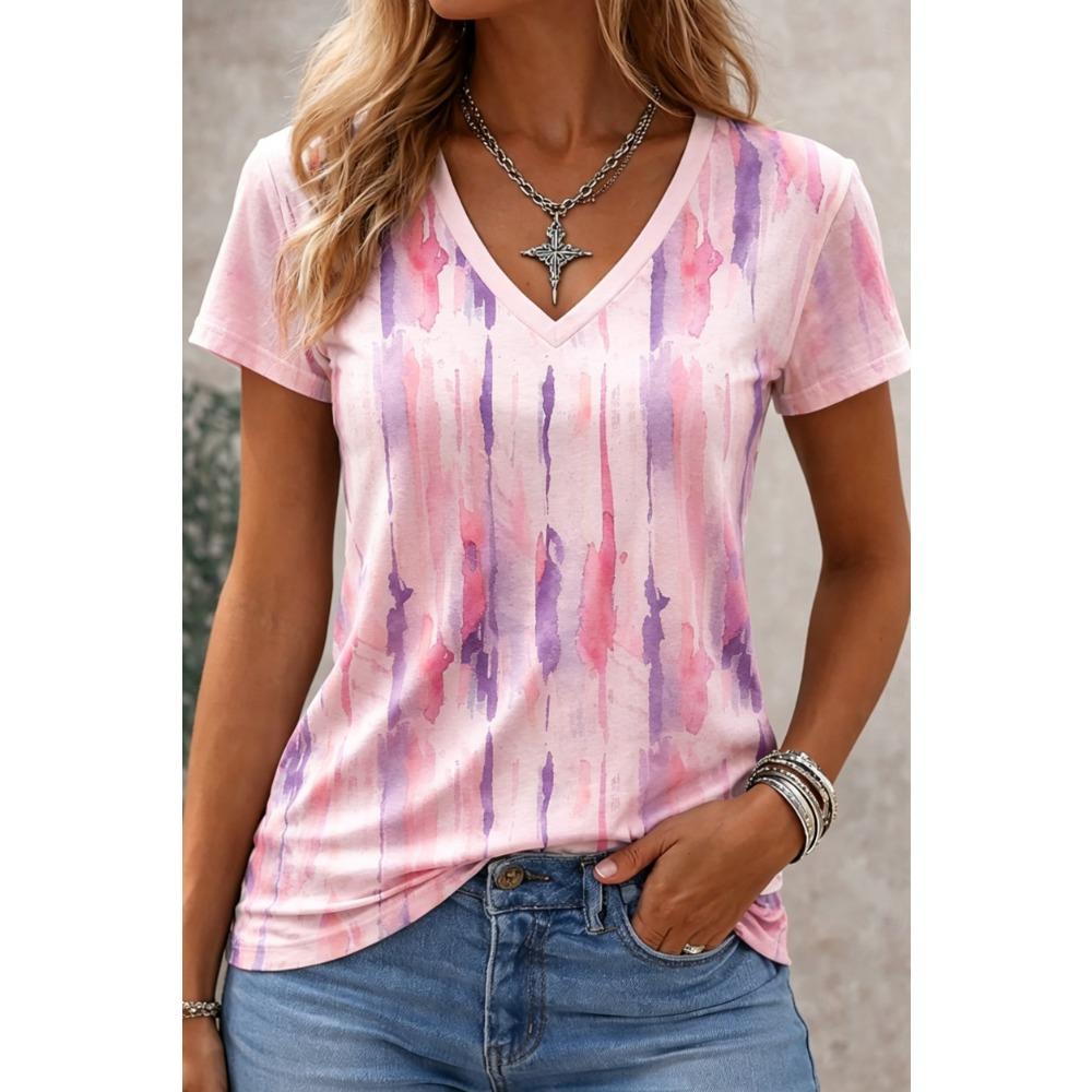2025 Ethnic Women's T-Shirt Vintage Flower Graphics Fashion Short Sleeved V-Neck Regular