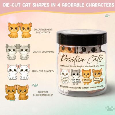 Positive Cat Jar with 60 Daily Affirmation Cards Emotional Support Gift for Anxiety Self Care Cute Kitty Inspirational Gifts for Cat Lovers Women