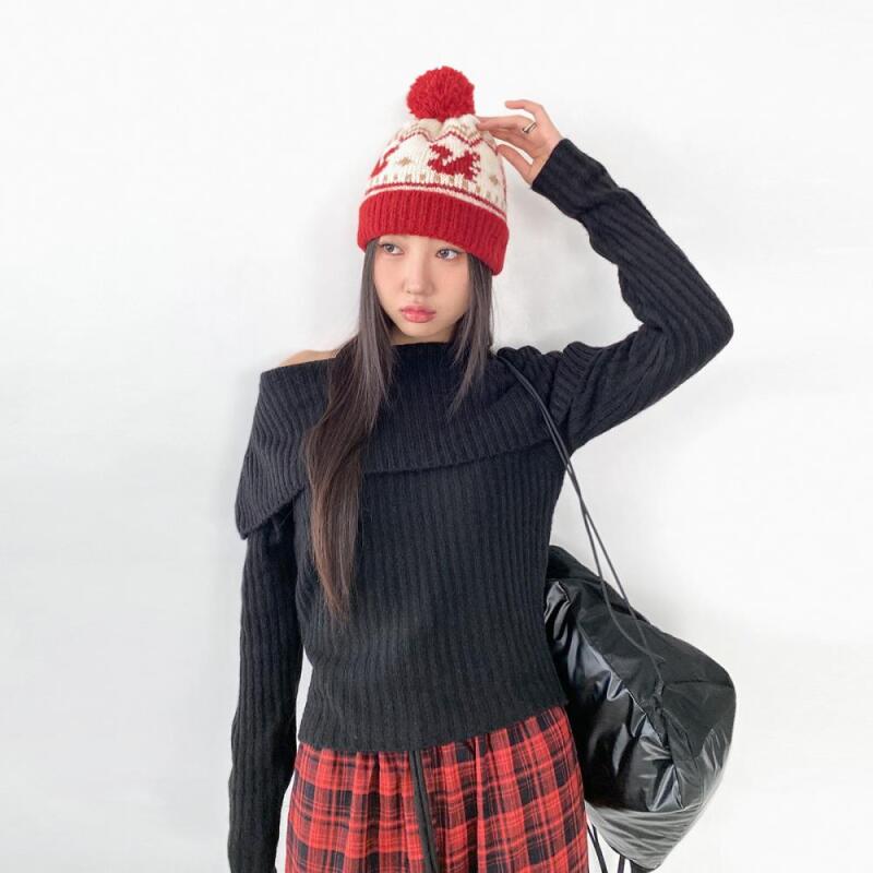 

Women s Winter Cute Nordic Color Block Pom Pom Hat C7553_Gray