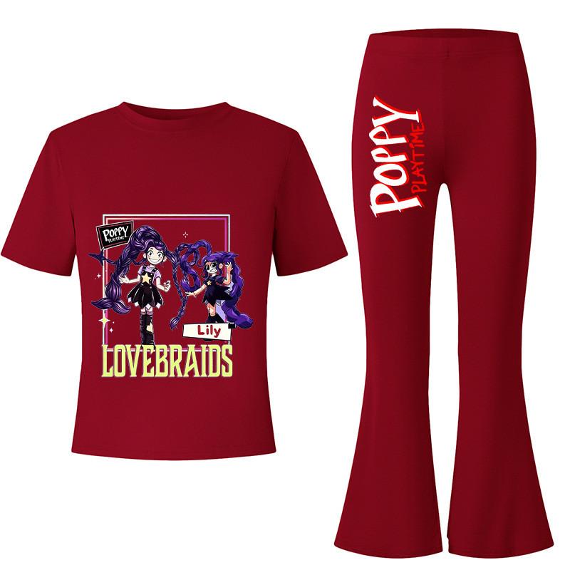 2pcs Kids Girls Lily Lovebraids Printed Casual Short Sleeves T-shirt Top Flared Trumpet Trousers Top Pants Sets