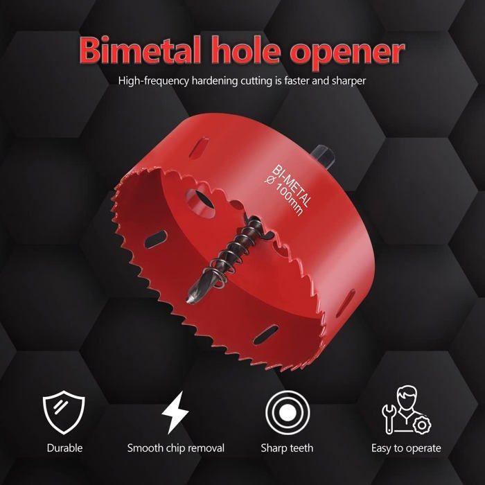 Scie cloche bi-métal Ø100 mm avec mandrin et foret de centrage – pour bois, plastique et métal