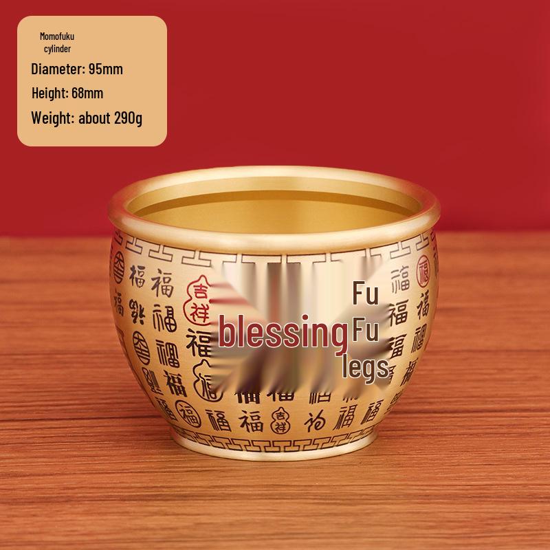 Large 9.5cm Painted Pure Brass Rice Jar - Hundred Blessings Wealth Treasure Pot Handicraft Ornament