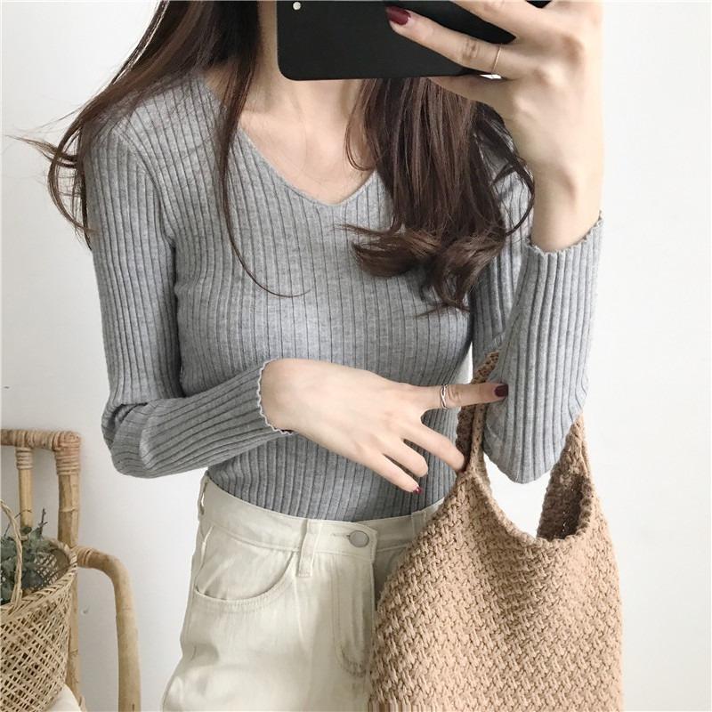 Sweater Women Fall Winter V Neck Slim Fit Pullover Chic Top Inner Wear Ribbed Tight Long Sleeve Knit Base Layer Wholesale
