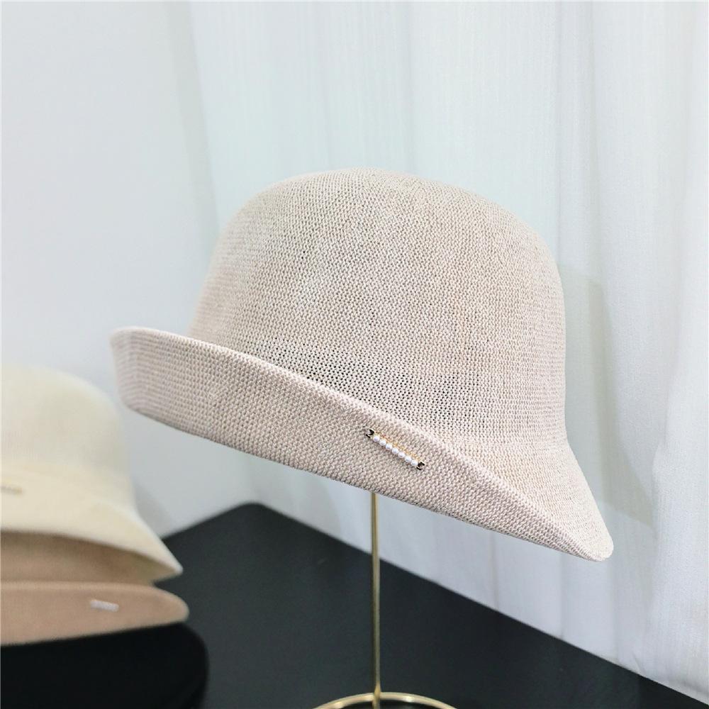 Women's Summer French Semi-Upturned Pearl Fisherman Hat Fashionable Basin Hat Hollow out Breathable Sun Hat