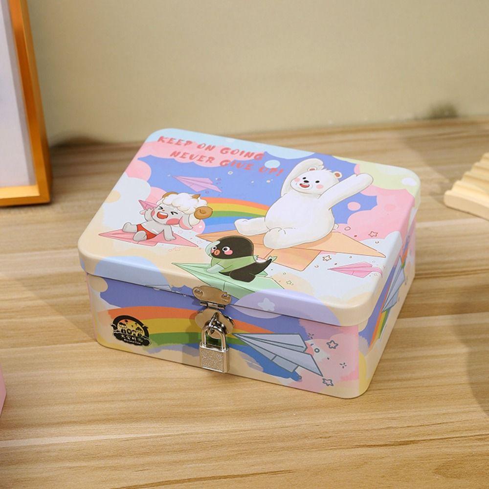 Vintage Tinplate Box Cartoon Print Empty Box High Quality Desktop Storage Case Household