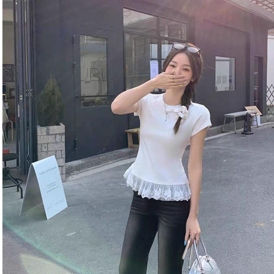 

40 pure cotton back collar] Original lace lace ballet short-sleeved T-shirt for women s summer interior design S белый