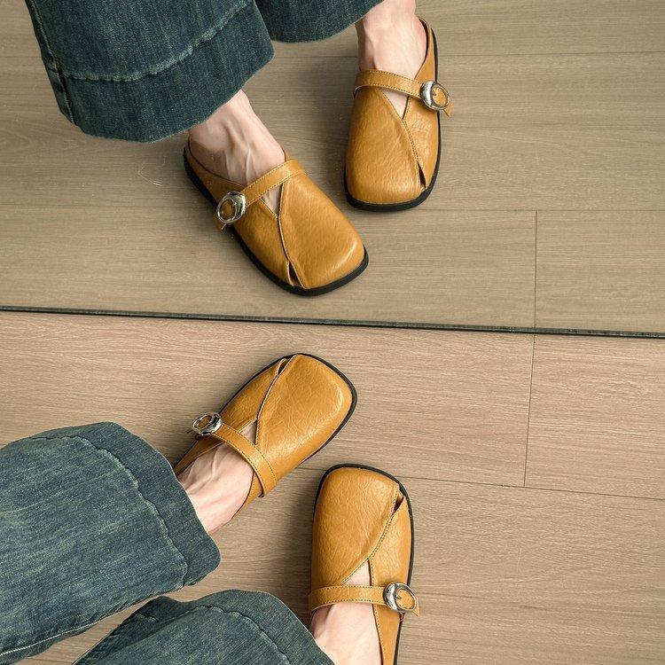 Soft Leather Cool Slippers Women's 2025 Summer New French Soft-soled Bag Head Half Drag Small Fragrant Wind One Foot Mary Jane Shoes