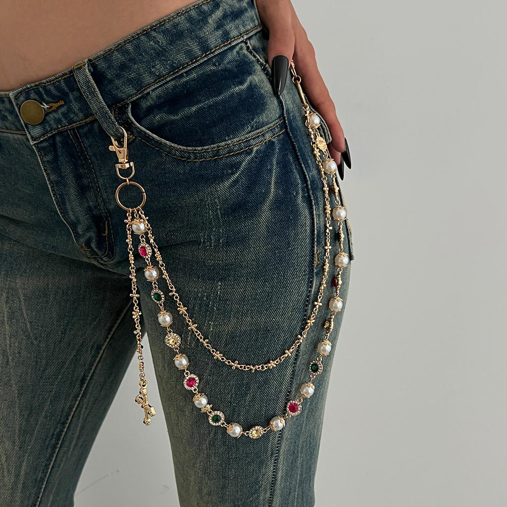 Ingemark Exquisite Luxury Imitation Pearl Acrylic Rhinestone Pants Chain Women Punk HipHop Cross Pendant Jeans Chain Men Jewelry