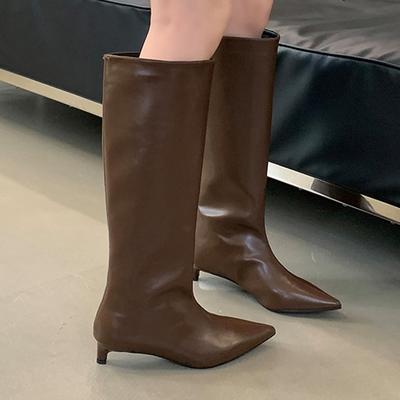 Moda Botas Longas Femininas Bico Fino Salto Baixo Sapatos da Moda Inverno Botas de Cano Alto 2025 Gótico Designer Vestido Chelsea Botas Para Mulher