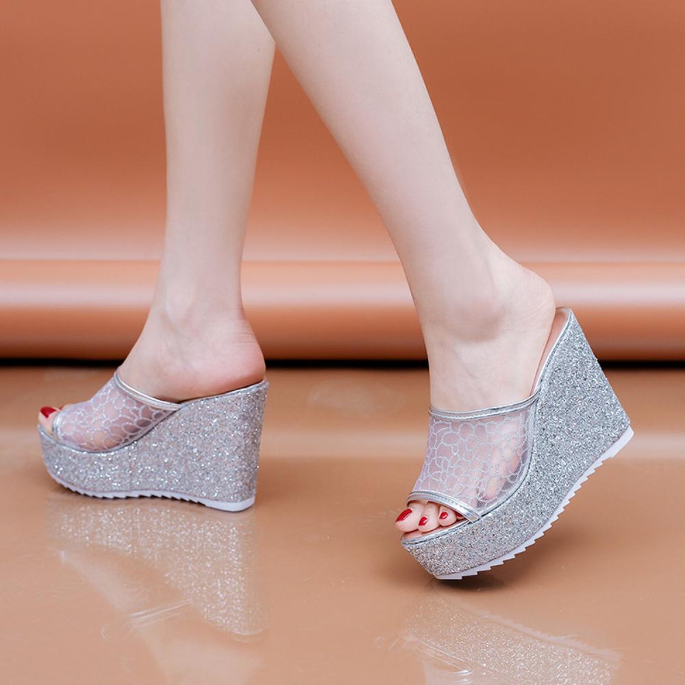 Fashion Bling Golden Women Slippers Summer Shoes Platform 4cm Outside Fitting-room 11cm High Heels Wedges Solid Mesh Female Sliver Shoes