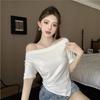 One-word Shoulder Irregular Hem Collarbone Design Temperament Short-sleeved T-shirt Slim-fit Niche Spring Off-the-shoulder Top and Clothing