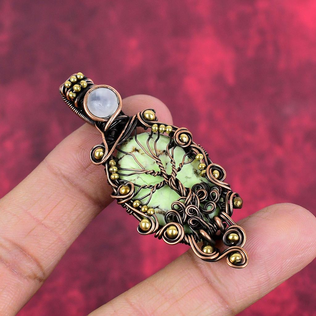 Tree of life lemon chrysoprase pendant copper wire wrapped pendant handmade rainbow moonstone pendant gifts for wife gemstone copper jewelry