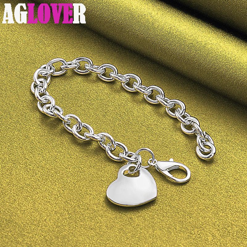 925 Sterling Silver Solid Heart Pendant Bracelet Jewelry