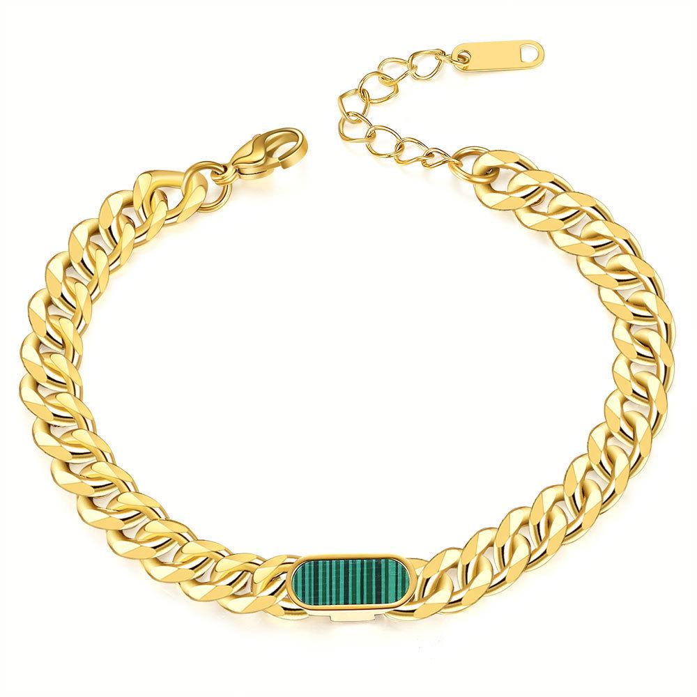 18K Gold Cuban Link Bracelet with Malachite Inlay - Stylish European & American Design in Stainless Steel зелёный