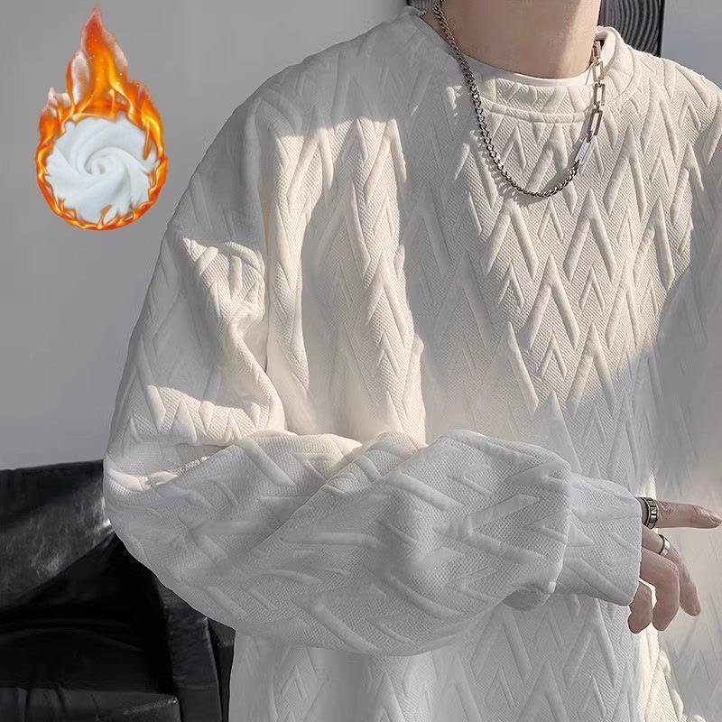 EYWY Men's Plus Size Thick White Hoodie with Velvet, Autumn/Winter Trendy American Style, Youth Round Neck Jacket