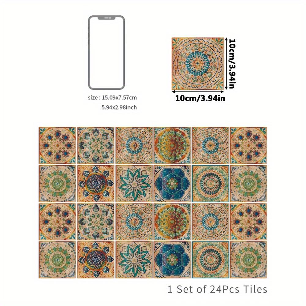 24pcs Vintage Self Adhesive Ceramic Tile Stickers Peel and Stick Backsplash Waterproof Wallpaper Wall Stickers Decorative Tiles for Kitchen Bathroom