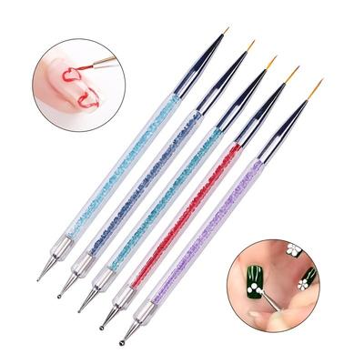 5 teile/satz 2 In 1 Dual-Ended Nail art Liner Pinsel Mit Kristall Griff Professionelle UV Gel Punktierung Malerei Zeichen stift DIY Werkzeuge