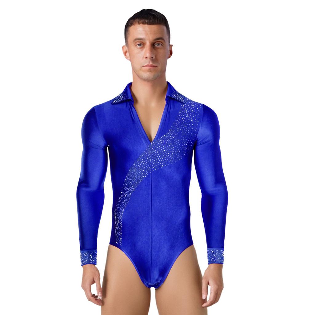 Mens Shiny Rhinestones Latin Dance Leotard Turn Down Collar V Neck Long Sleeve Button Shirt