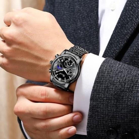 DIZIZID wristwatch men analog watch quartz chronograph 3 ATM water-resistant affordable stainless metal band date display luminous multifunction mens