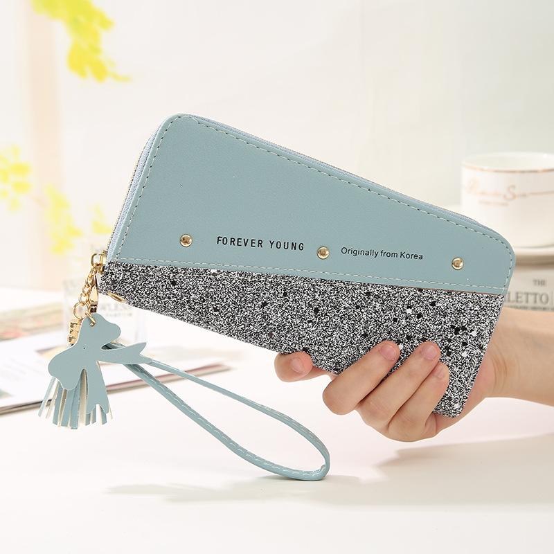 Ladies Wallet Long Zipper Gold Powder Stitching Hit Color Tassel Wild Rivet Mobile Phone Bag CLE