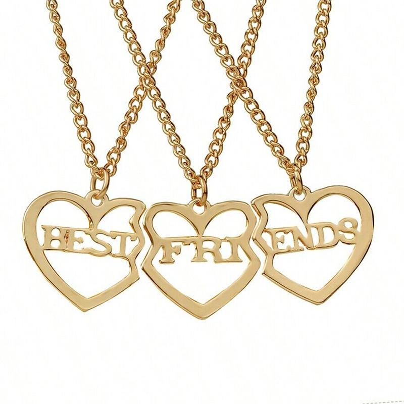 3 PCS BEST FRIENDS Heart Matching Necklace Set Gold Color BFF Necklaces Friendship Jewelry Gifts