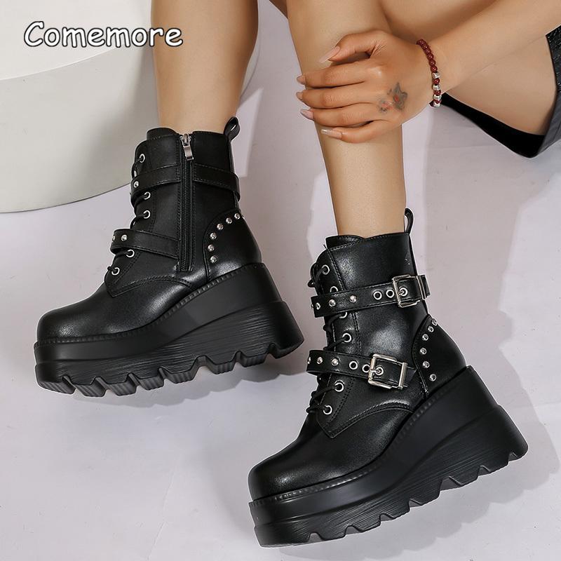 Fashion Women's Gothic Chunky Platform Ankle Boots Thick Bottom Wedges PU Leather Shoes Woman Rivet Buckle Decor Black Punk Boots 35 43