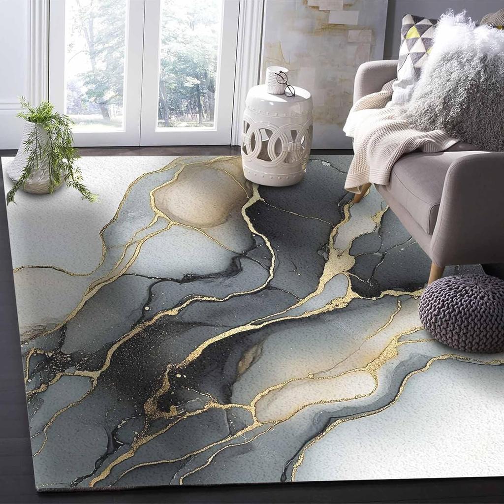 Black Gold Gradient Washable Area Rugs Abstract Modern Art Non Slip Rugs for Living Room Bedroom, Low Pile Floor Mat Large
