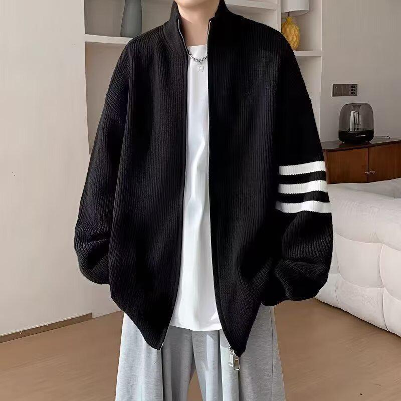 Men's Striped Cardigan Sweater: Casual Knitwear Jacket with High-End Feel for Autumn/Winter.